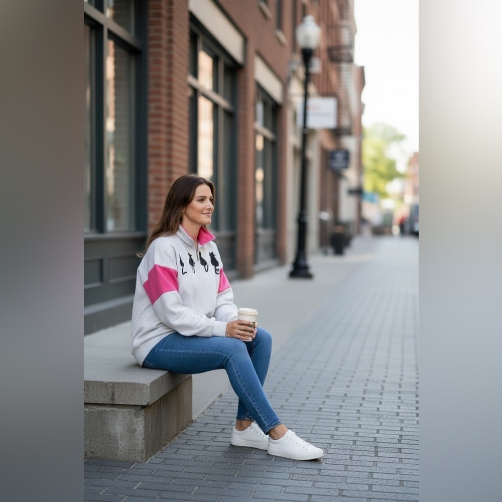 Vintage Magic USA Cat LOVE Quarter Zip Sweatshirt Pink Colorblock Women’s L - Picture 16 of 16